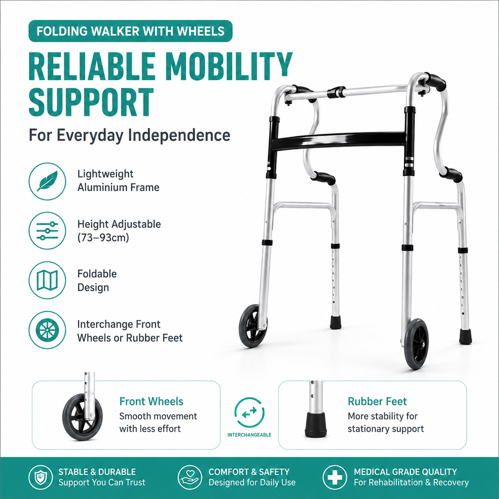 Elderly Folding Walker with Wheels | Tongkat Jalan Warga Emas | Walker Boleh Laras & Lipat | Height Adjustable