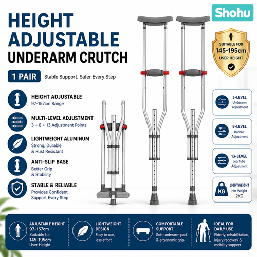 Adjustable Underarm Crutch | Tongkat Ketiak | Topang Kaki Boleh Laras | Anti-Slip Tip | Elder & Rehab Support