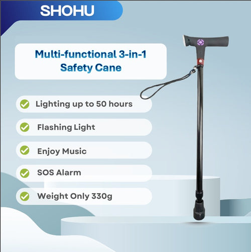 3-in-1 Safety Cane | Elderly Walking Stick | Adjustable Height | LED light | SOS Alarm | FM Radio