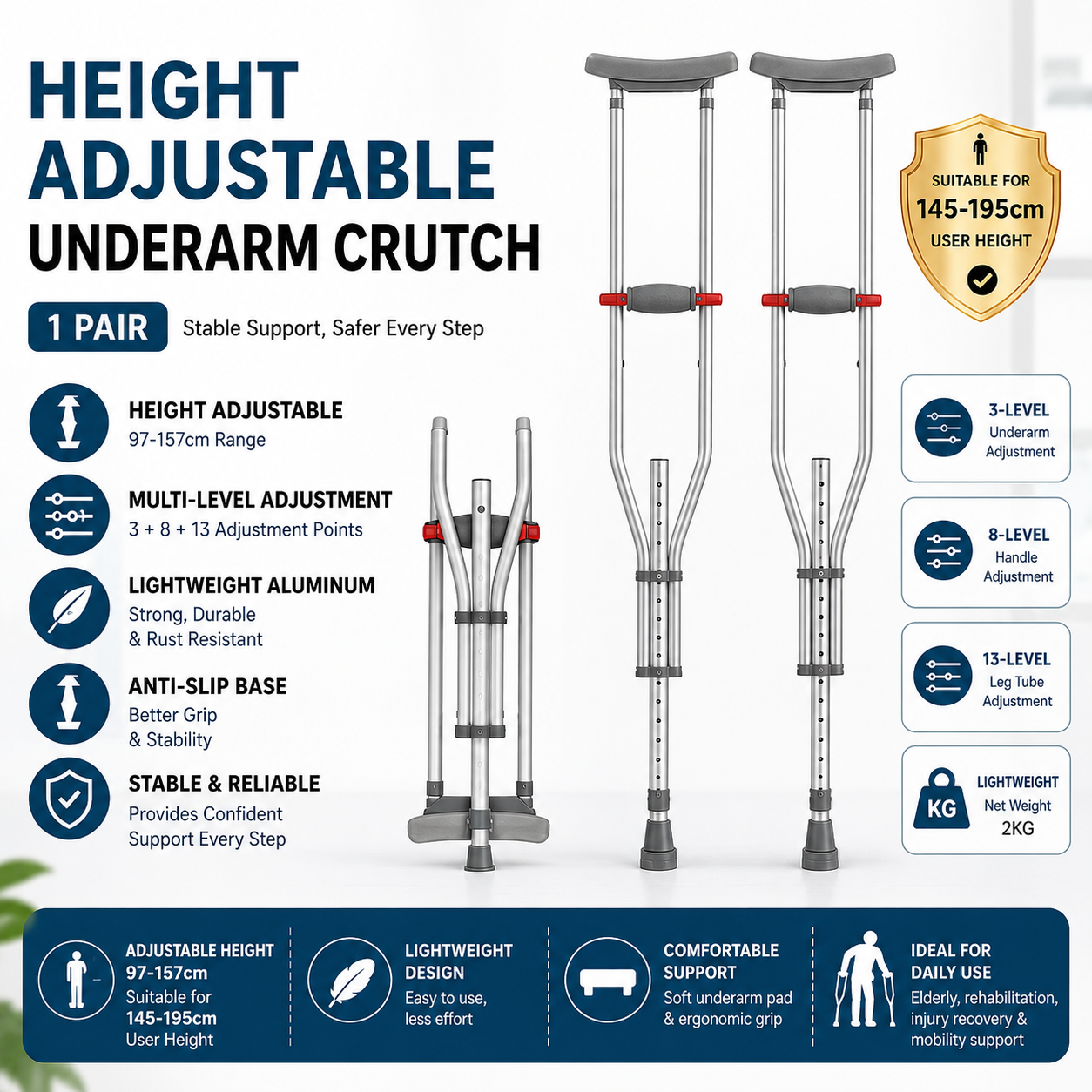 Adjustable Underarm Crutch | Tongkat Ketiak | Topang Kaki Boleh Laras | Anti-Slip Tip | Elder & Rehab Support
