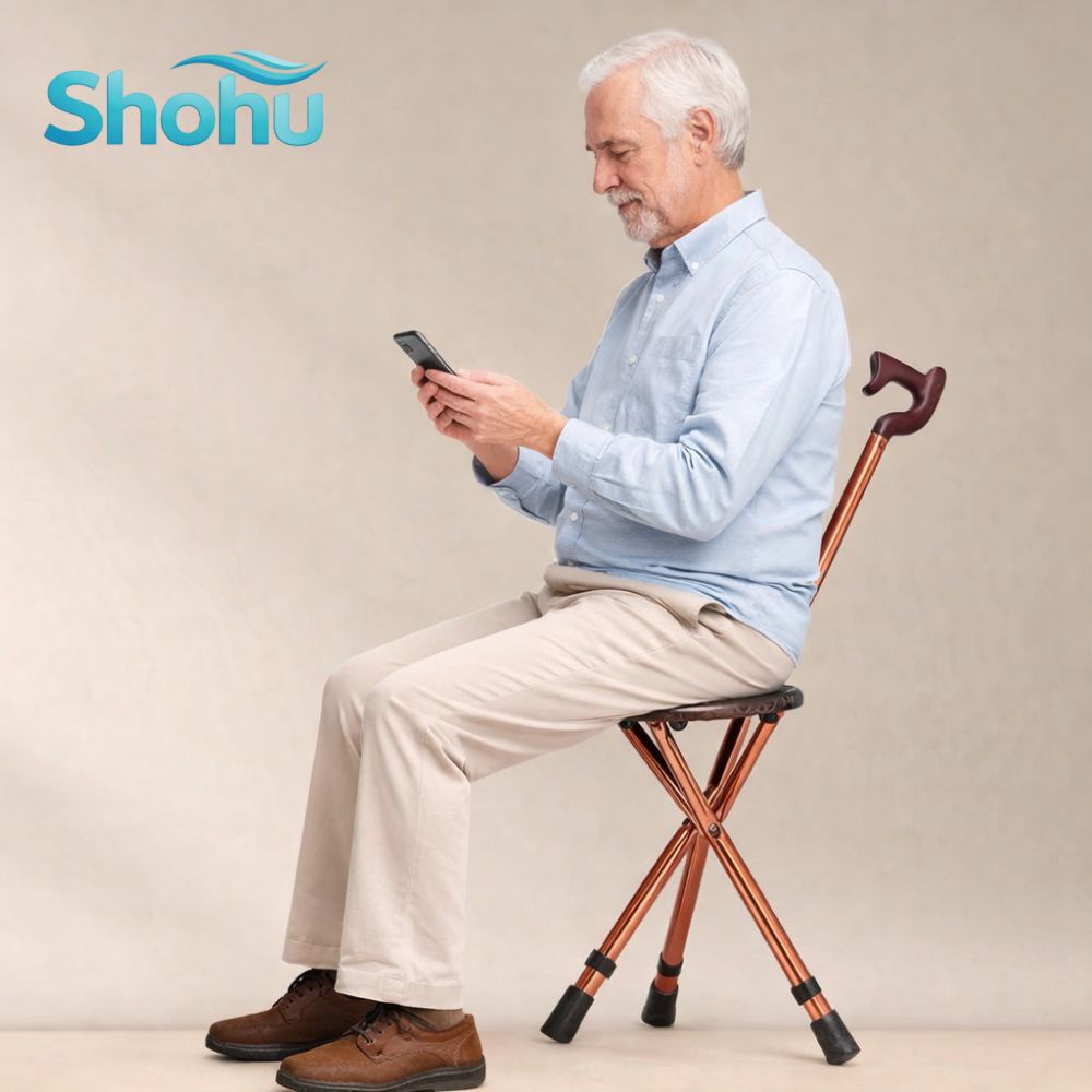 Elderly Folding Walking Stick with Seat | Adjustable Height Lightweight Cane Stool | Anti-Slip Tripod Support