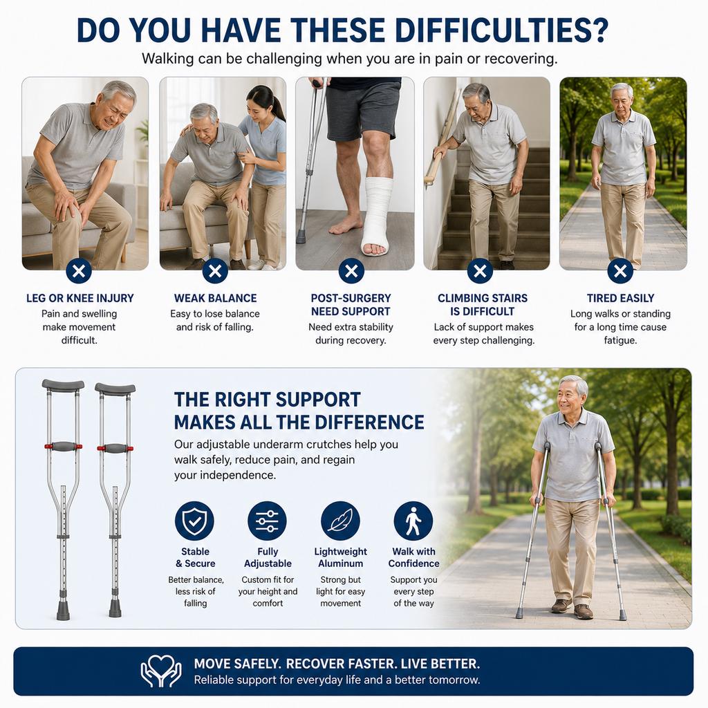 Adjustable Underarm Crutch | Tongkat Ketiak | Topang Kaki Boleh Laras | Anti-Slip Tip | Elder & Rehab Support
