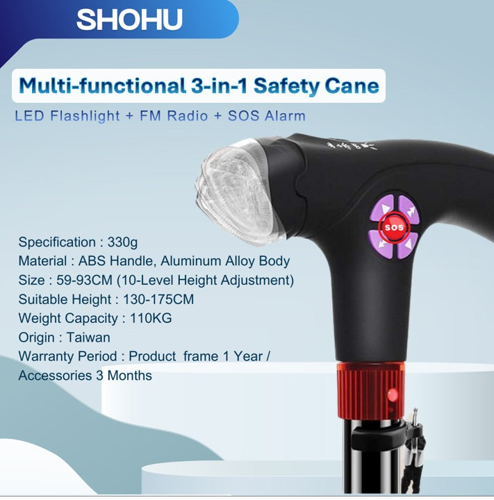 3-in-1 Safety Cane | Elderly Walking Stick | Adjustable Height | LED light | SOS Alarm | FM Radio