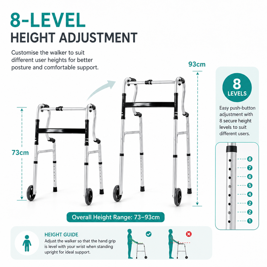 Elderly Folding Walker with Wheels | Tongkat Jalan Warga Emas | Walker Boleh Laras & Lipat | Height Adjustable