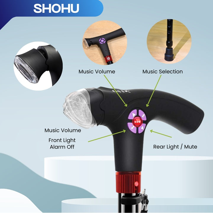 3-in-1 Safety Cane | Elderly Walking Stick | Adjustable Height | LED light | SOS Alarm | FM Radio