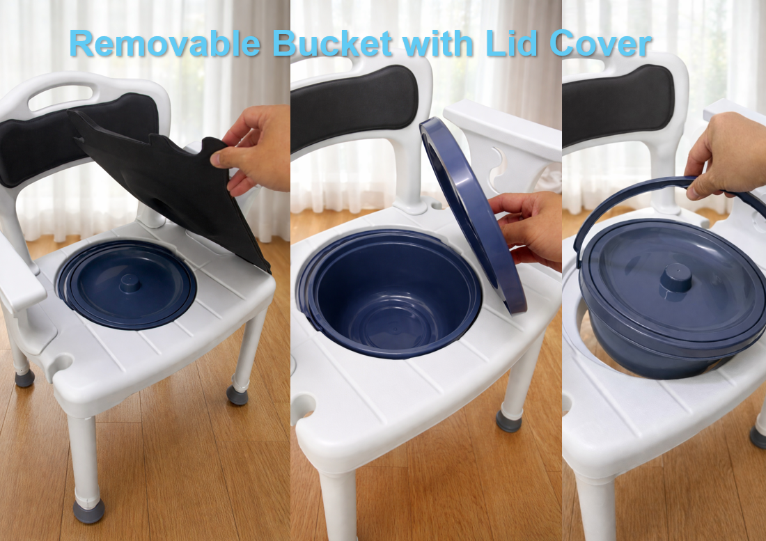 Elderly Commode Chair with Armrest | Adjustable Height Bedside Toilet Chair | Removable Bucket with Cover