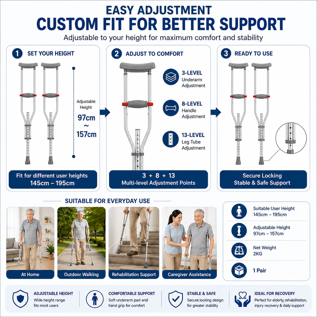 Adjustable Underarm Crutch | Tongkat Ketiak | Topang Kaki Boleh Laras | Anti-Slip Tip | Elder & Rehab Support