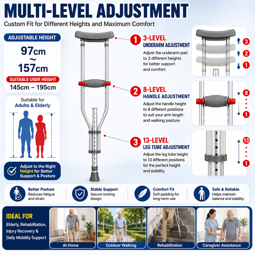 Adjustable Underarm Crutch | Tongkat Ketiak | Topang Kaki Boleh Laras | Anti-Slip Tip | Elder & Rehab Support