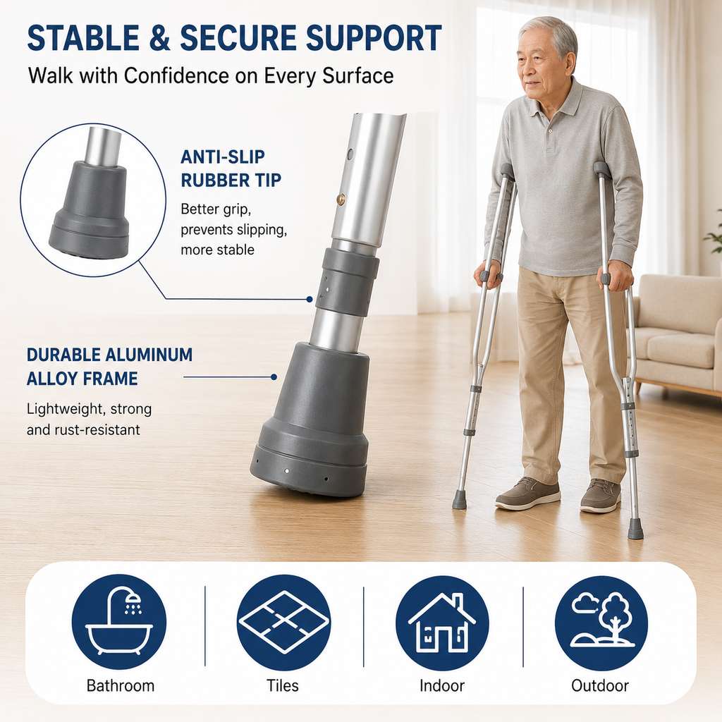 Adjustable Underarm Crutch | Tongkat Ketiak | Topang Kaki Boleh Laras | Anti-Slip Tip | Elder & Rehab Support