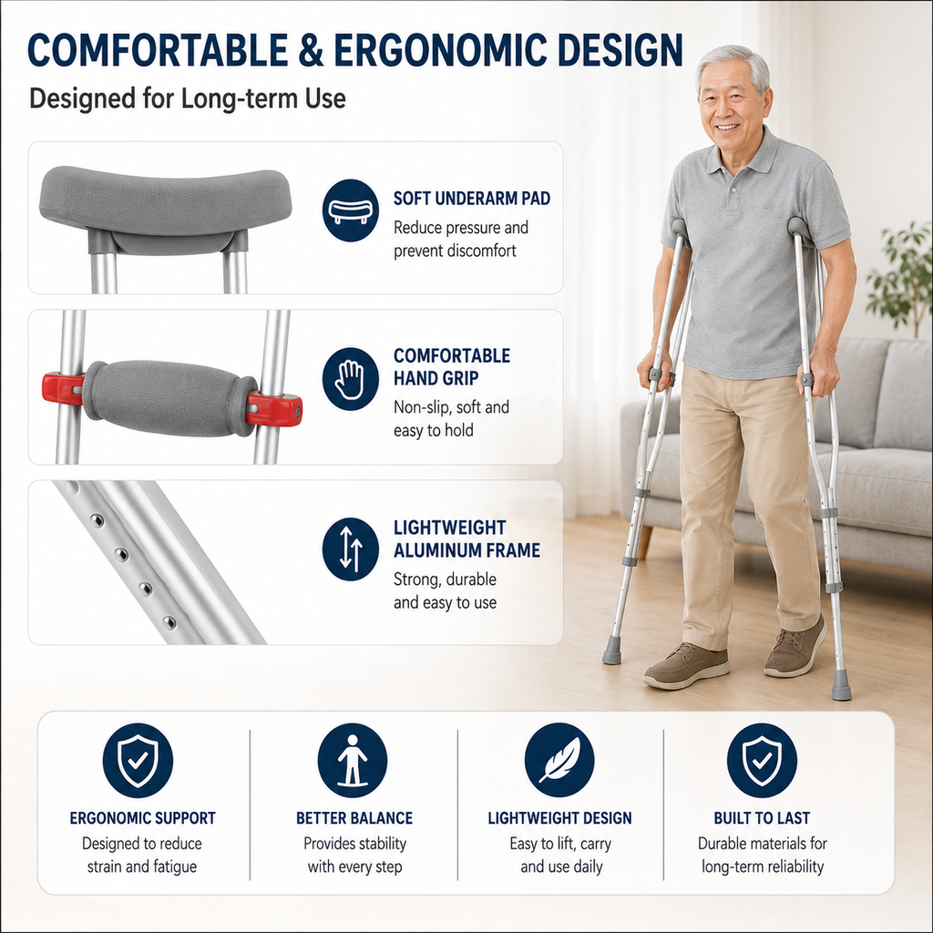 Adjustable Underarm Crutch | Tongkat Ketiak | Topang Kaki Boleh Laras | Anti-Slip Tip | Elder & Rehab Support