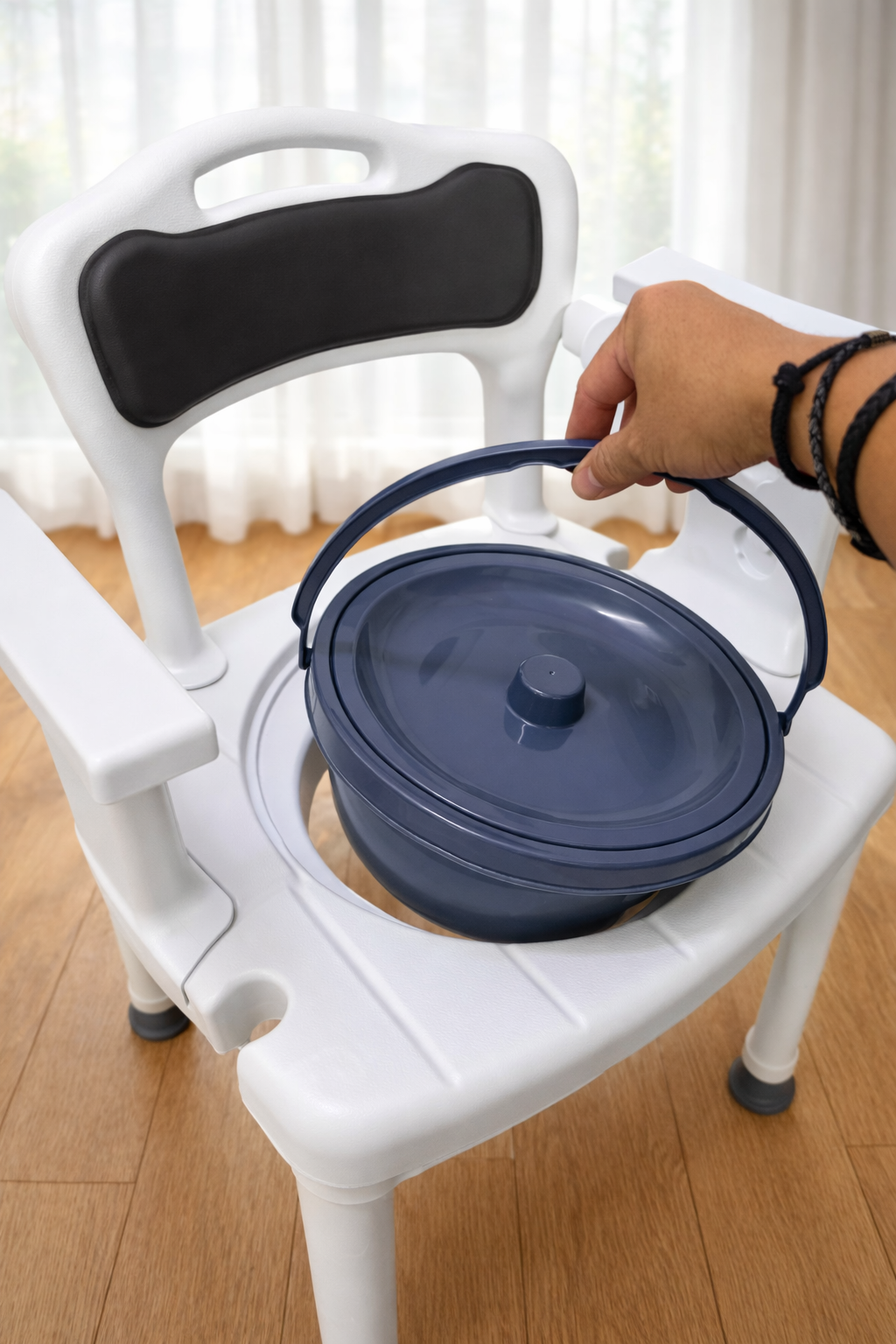 Elderly Commode Chair with Armrest | Adjustable Height Bedside Toilet Chair | Removable Bucket with Cover