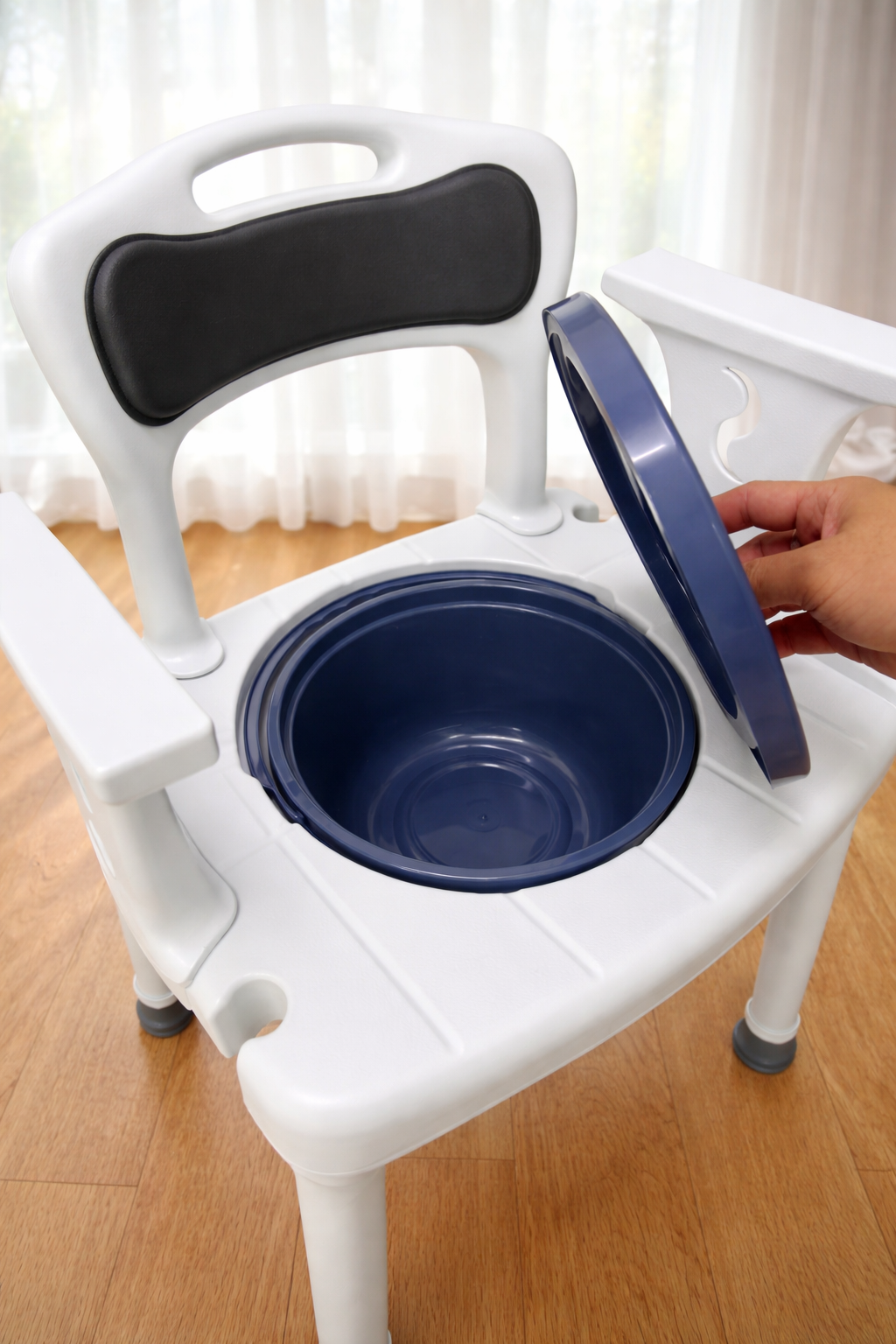 Elderly Commode Chair with Armrest | Adjustable Height Bedside Toilet Chair | Removable Bucket with Cover