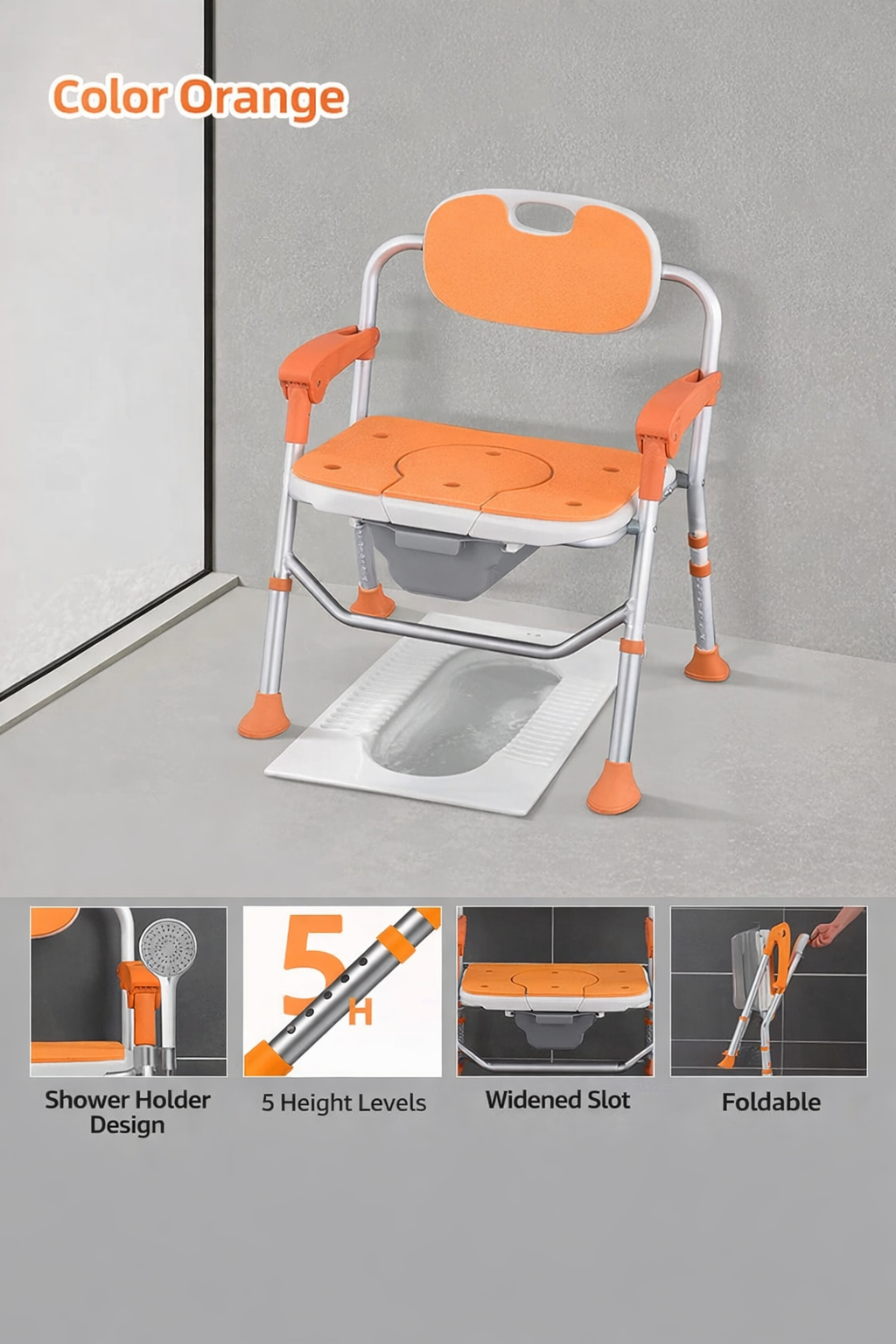 Elderly U-Shape Cleaning Channel | Foldable Shower Chair with Back Support | 5-Level Adjustable | Non-Slip Feet