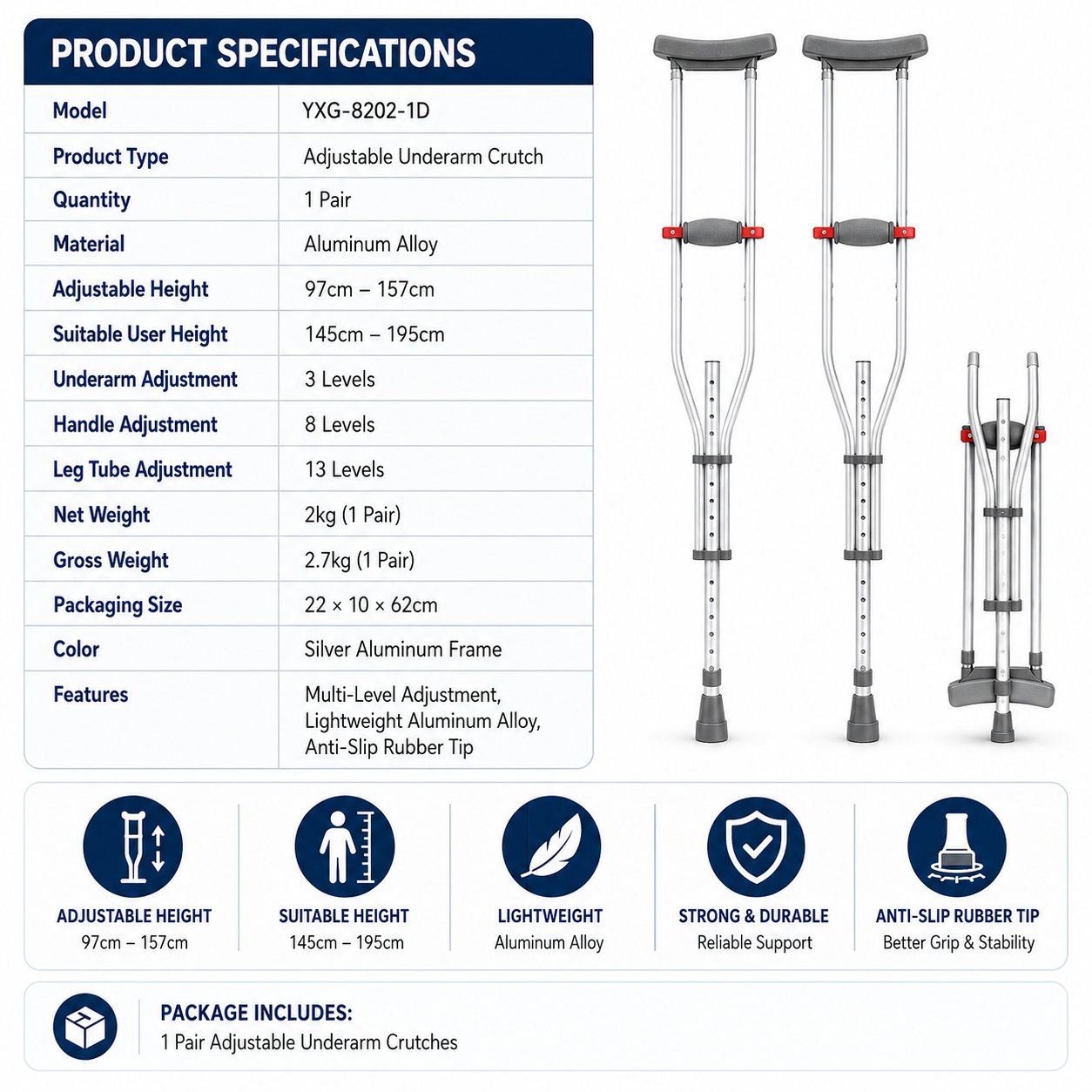 Adjustable Underarm Crutch | Tongkat Ketiak | Topang Kaki Boleh Laras | Anti-Slip Tip | Elder & Rehab Support