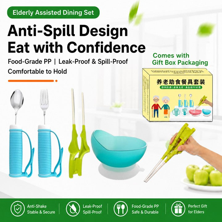 Elderly Assisted Utensil Set | Anti Spill Bowl | Adaptive Spoon Fork Chopsticks | Senior Feeding Aid