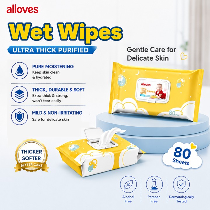 Alloves Ultra Thick Wet Wipes | Purified Water | Pearl Grain Texture | Soft & Durable | Moisturizing