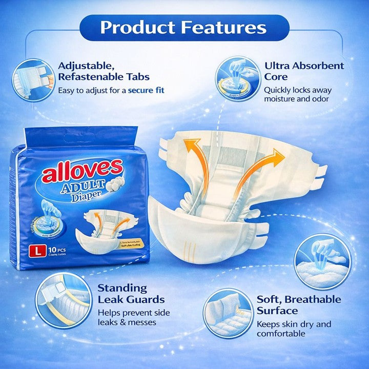 Alloves Elderly Diaper Leak-Proof Breathable Soft Comfort | Disposable Elder Care Diapers | Secure Fit