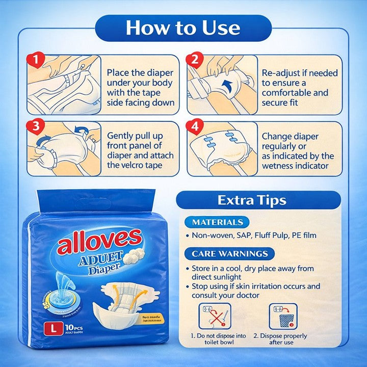 Alloves Elderly Diaper Leak-Proof Breathable Soft Comfort | Disposable Elder Care Diapers | Secure Fit