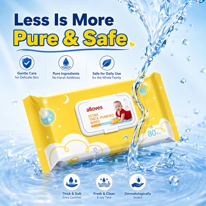 Alloves Ultra Thick Wet Wipes | Purified Water | Pearl Grain Texture | Soft & Durable | Moisturizing