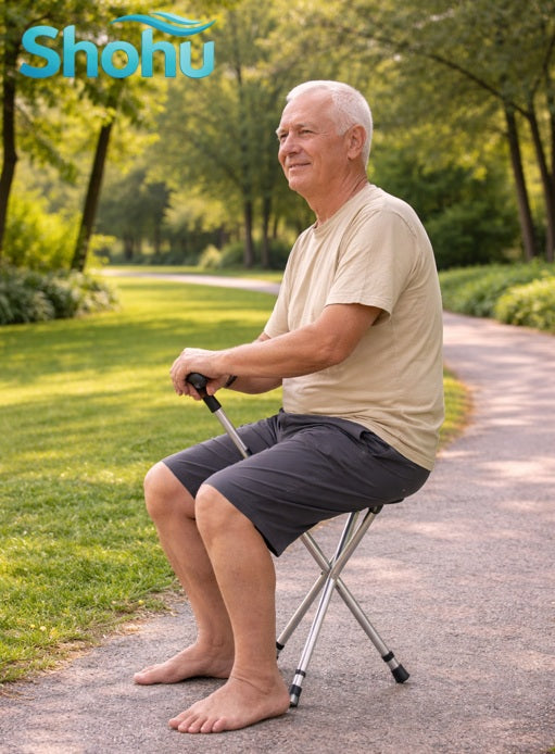 Elderly Folding Walking Stick with Seat | Adjustable Height Lightweight Cane Stool | Anti-Slip Tripod Support