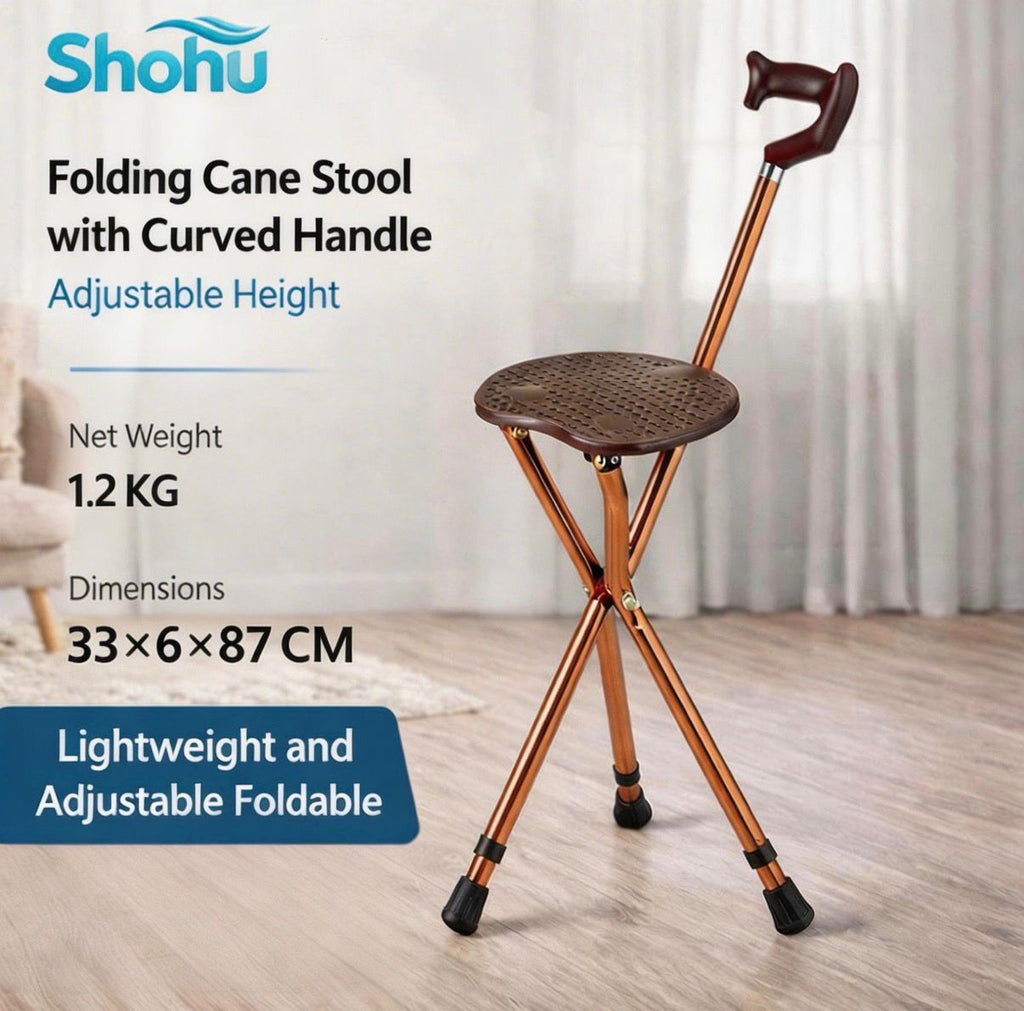 Elderly Folding Walking Stick with Seat | Adjustable Height Lightweight Cane Stool | Anti-Slip Tripod Support