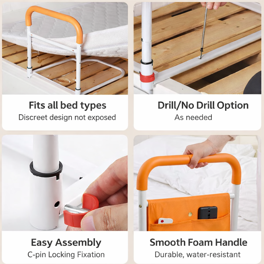 Elderly Bedside Support Frame with Storage Pocket | Anti-Slip Bedside Support Handle for Seniors