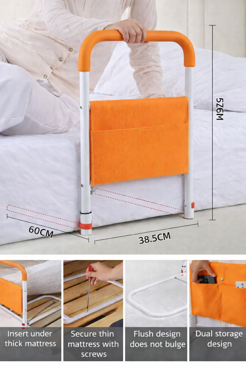 Elderly Bedside Support Frame with Storage Pocket | Anti-Slip Bedside Support Handle for Seniors
